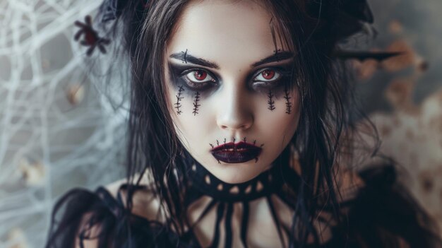 una chica con ojos negros y una máscara negra con ojos negros Y una cinta negra alrededor de su cara