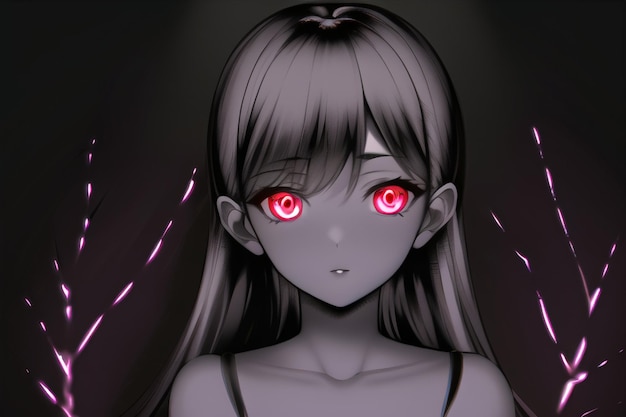 Una chica con ojos rojos y un brillo violeta en la cara.