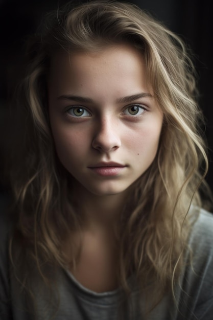 Una chica de ojos verdes y camiseta gris.