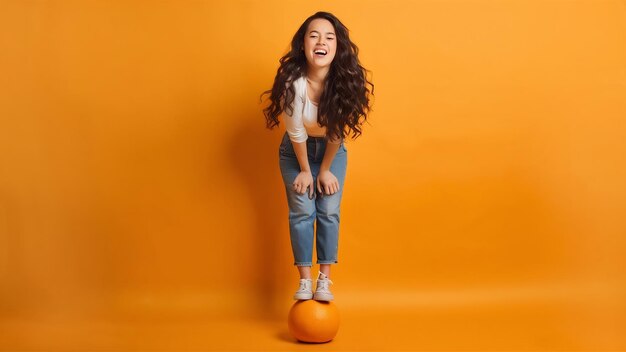 Foto chica optimista riendo con el peinado largo de pie en naranja