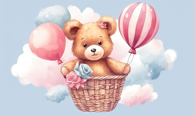 Foto chica oso de peluche colgando y volando con globos
