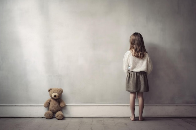 Chica con oso de peluche de pie y frente a una pared vacía