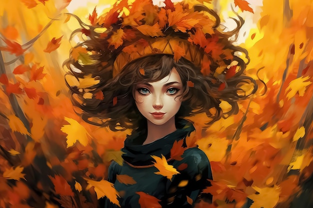Chica de otoño con hojas en la cabeza al estilo de las caricaturas