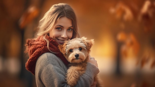 Chica de otoño con perro Ilustración AI Generativo