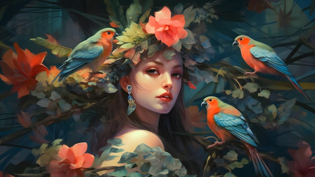 Chica con pájaros hermosa mujer de flores con loros chica de anime con flores encantadora