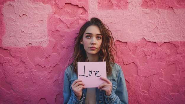 Foto chica con papel rosado en forma de corazón