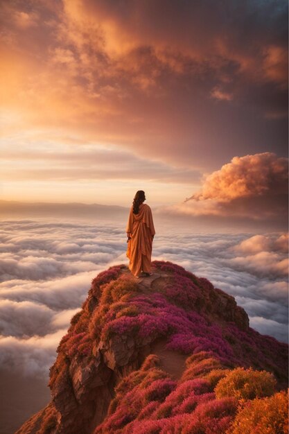 Chica parada en la cima de la montaña y mirando el amanecer