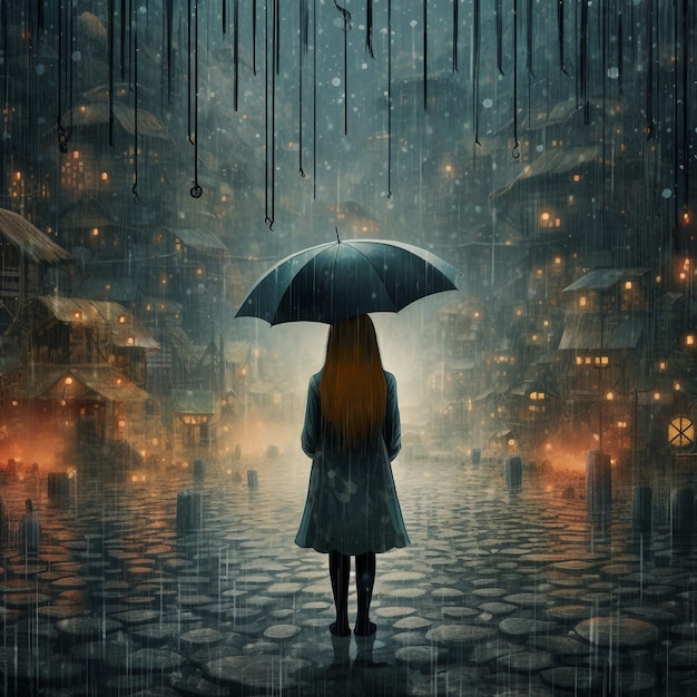 Una chica con un paraguas se para en una noche lluviosa.