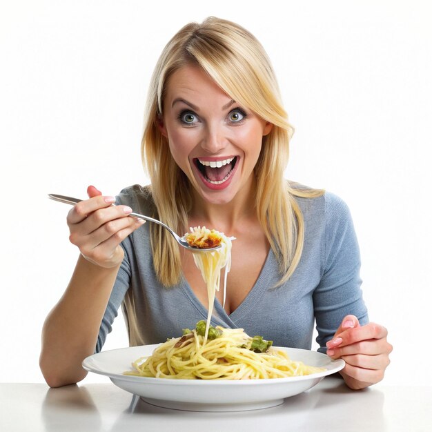 Foto una chica con pasta de linguine carbonara