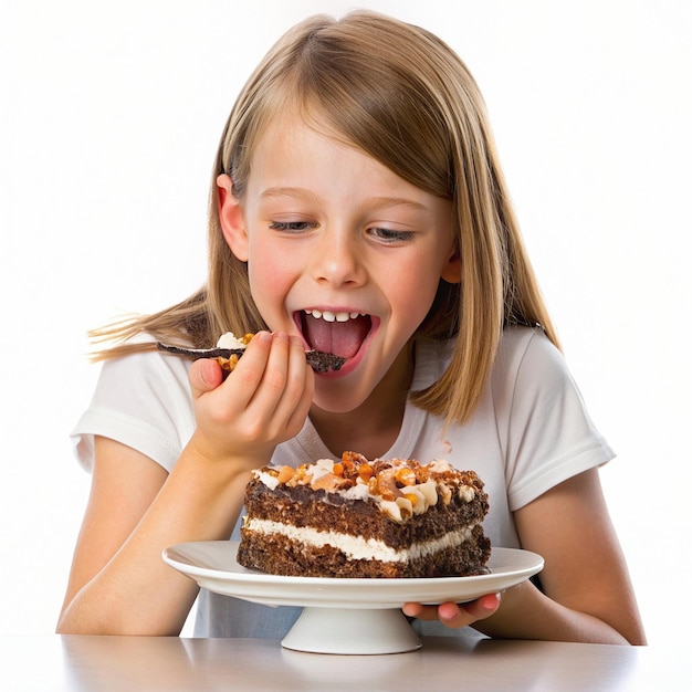 Foto una chica con un pastel de jubileo de almendras