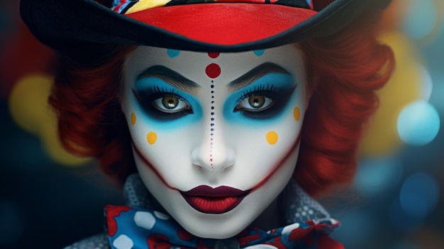 Chica payaso con maquillaje en un sombrero de copa