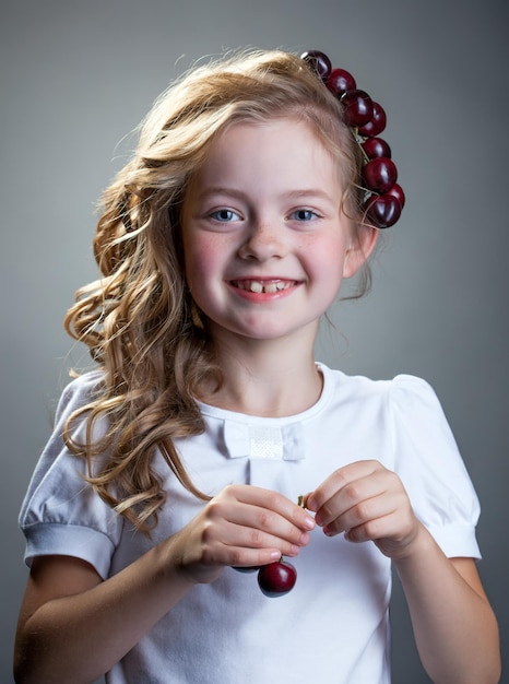 Una chica con pecas riendo posando con cerezas