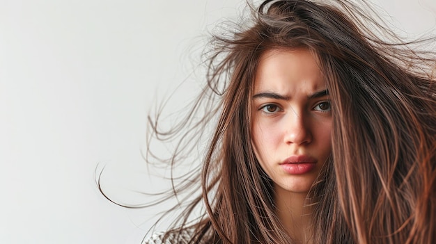 Chica con un peine y cabello problemático sobre fondo blanco.