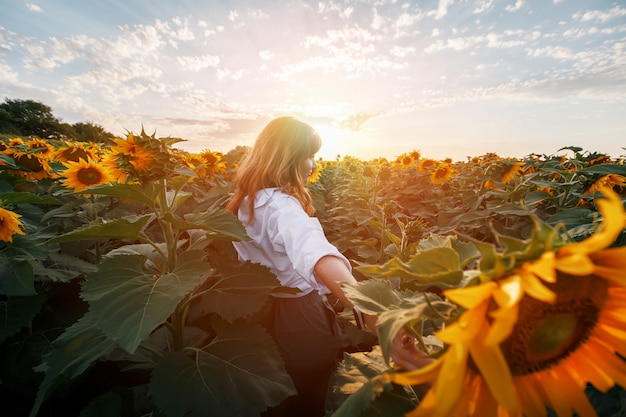 Una chica pelirroja en un campo de girasoles mira la puesta de sol.