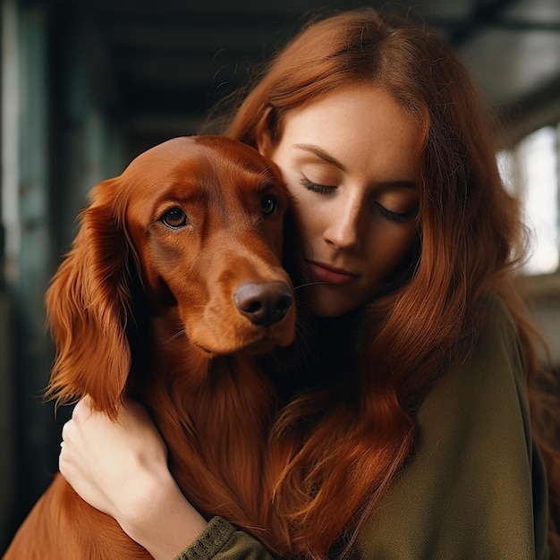 Chica pelirroja de cara estrecha sostiene a un setter irlandés en sus brazos. El dueño y la mascota son similares. Primer plano