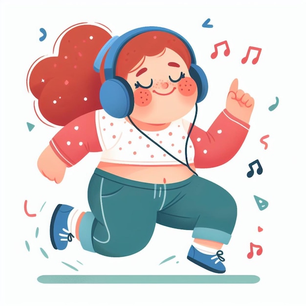 Chica pelirroja feliz escuchando música y bailando Ilustración plana al estilo de dibujos animados