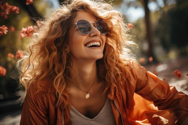 Chica pelirroja con gafas de sol en el parque en la calle