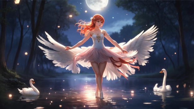 Chica pelirroja haciendo ballet en el lago de los cisnes bajo la luz de la luna