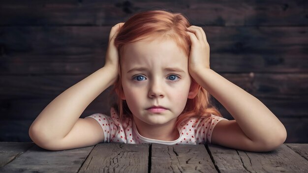 Foto una chica pelirroja linda se siente aburrida inclina la cabeza sobre la palma y mira indiferente y triste a la cámara gl