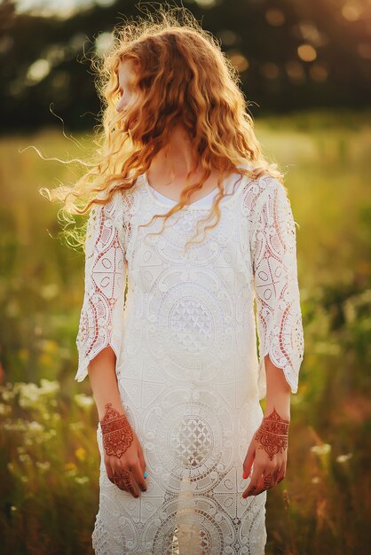 Chica pelirroja con rizos en ropa de estilo boho con dibujos mehendi en sus manos en un campo de verano.