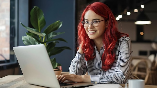 Una chica pelirroja sonriente usando una computadora portátil y mirando