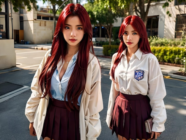 La chica pelirroja con el uniforme de la escuela generativa de IA