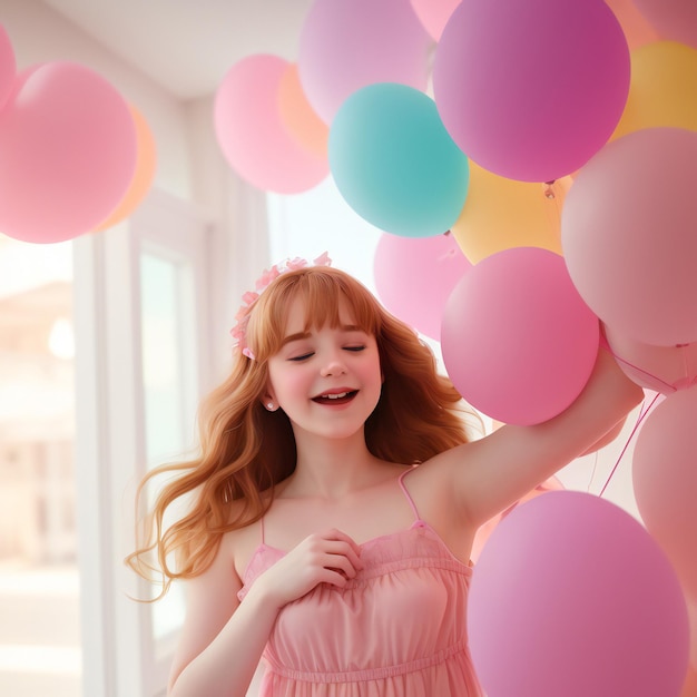 Chica pelirroja vestida de rosa con globos en las manos sobre un fondo blanco