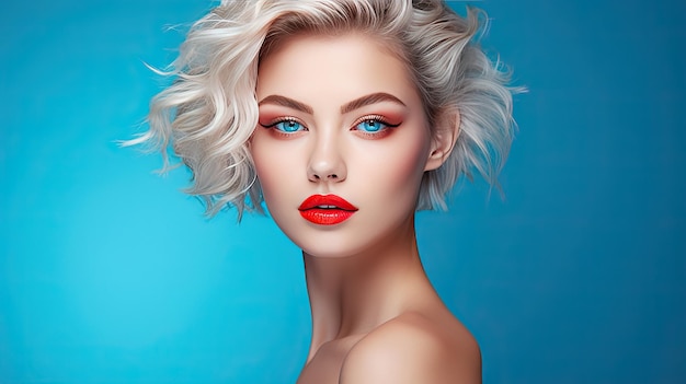 Una chica con pelo blanco y labios rojos brillantes sobre un fondo azul.