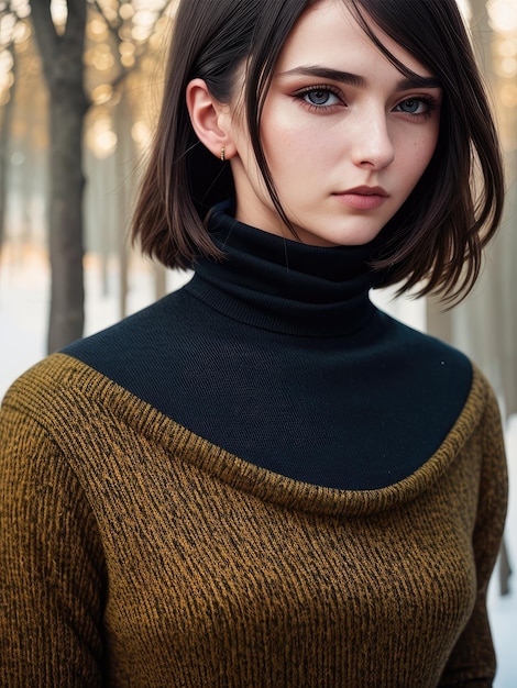 Una chica con pelo corto y jersey de cuello alto.