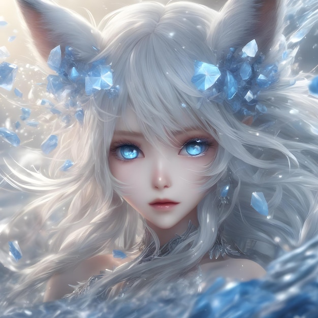 una chica con pelo largo blanco y ojos azules