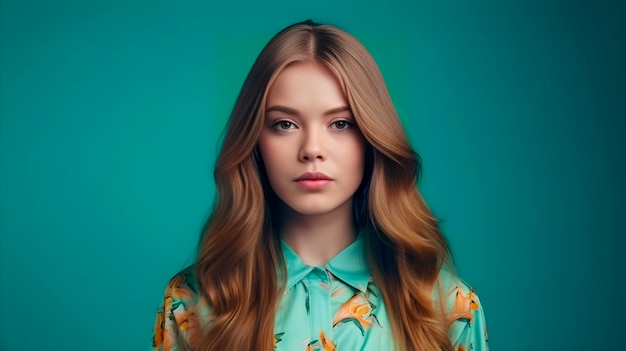 Una chica con el pelo largo y una camisa azul con un estampado tropical.