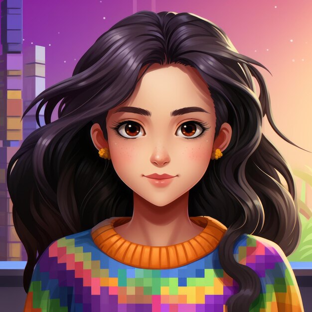 Foto una chica con el pelo largo y negro y un suéter colorido