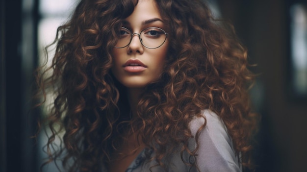 Una chica con el pelo largo y rizado y gafas