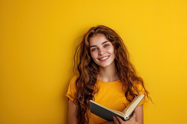 Foto una chica con el pelo largo sosteniendo un libro que dice que lo está sosteniendo