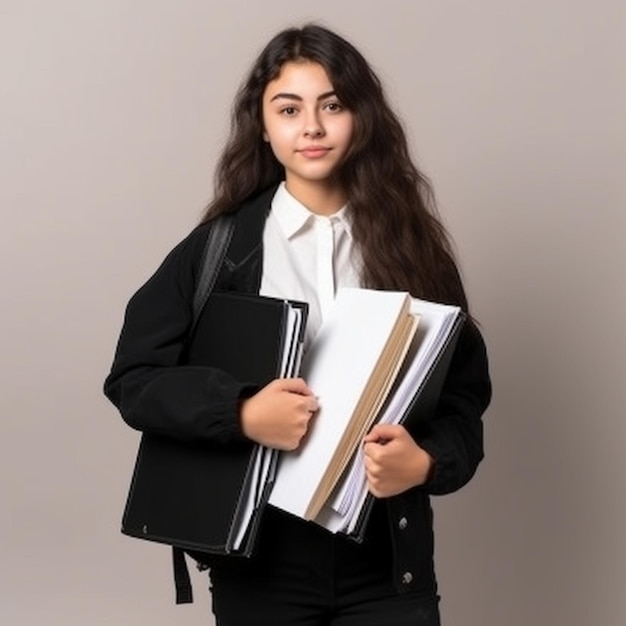 Una chica con el pelo largo sostiene una carpeta y lleva una camisa blanca.