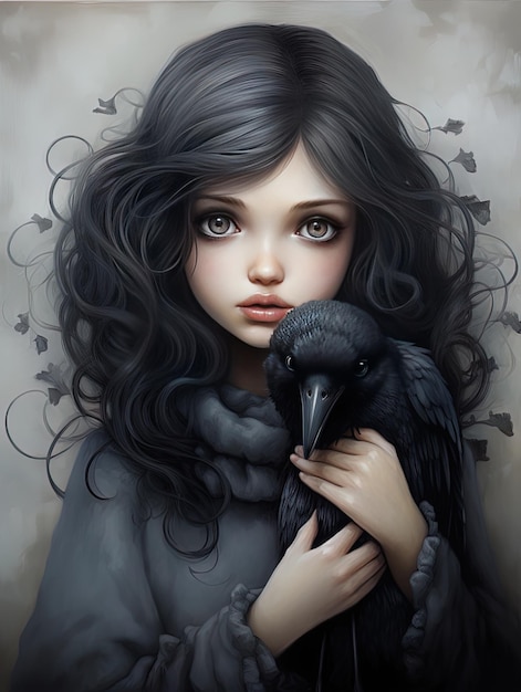 una chica de pelo largo sostiene un cuervo negro.