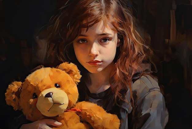 una chica de pelo marrón y pálido está sosteniendo un oso de peluche en el estilo de centrarse en las conexiones articulares