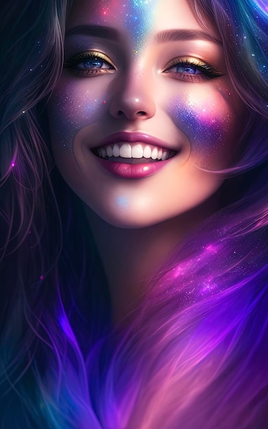 Una chica con el pelo morado y estrellas en la cara.