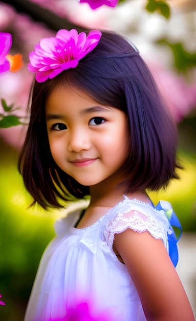 Una chica con el pelo morado y una flor en el pelo.