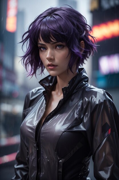 Una chica con el pelo morado y un impermeable negro.