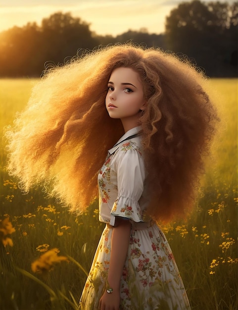 chica de pelo rizado en un campo