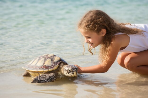 Chica con pelo rizado mirando tortuga