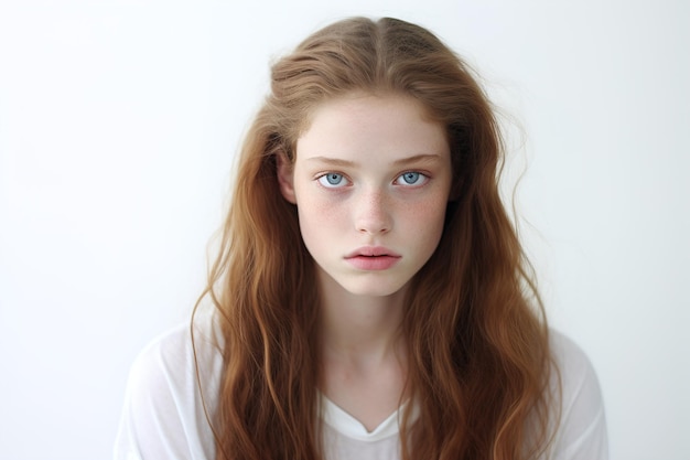 una chica con pelo rojo y una camisa blanca