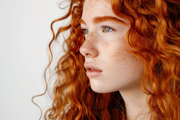 chica de pelo rojo rizado con cabello hermoso aislado en fondo blanco