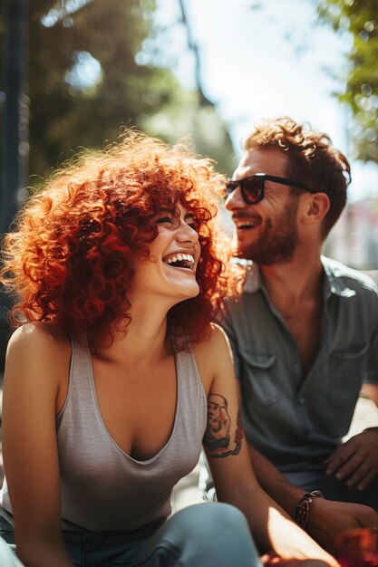 Chica de pelo rojo rizado se ríe sentada en un banco cerca de un chico atractivo Tarde de verano con charla y risas