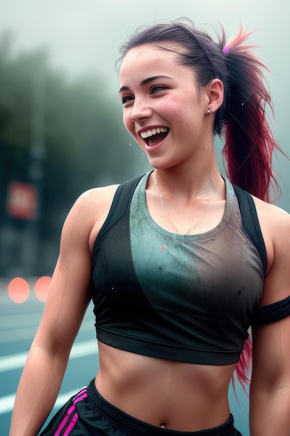 Una chica con el pelo rojo y un top verde sonríe y sonríe.