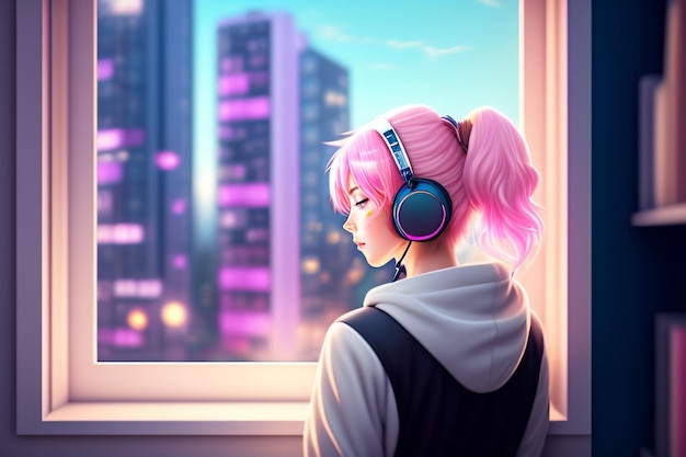 Una chica de pelo rosa y auriculares rosas mira por la ventana.