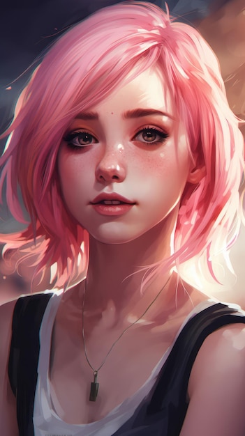 Una chica con el pelo rosa y una camiseta sin mangas blanca.