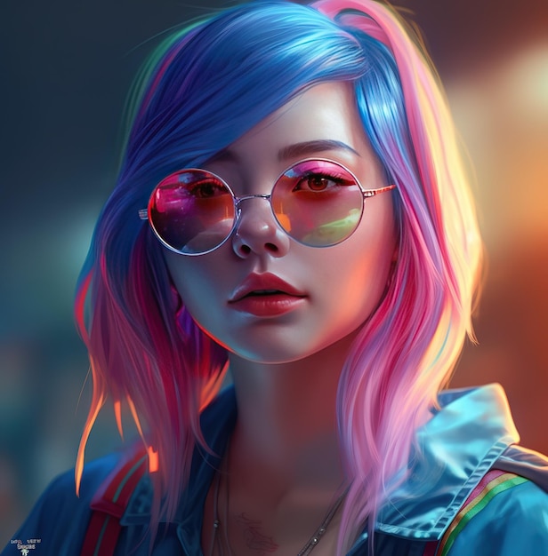 Una chica de pelo rosa y gafas azules está parada frente a un fondo colorido.