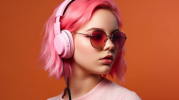 Una chica de pelo rosa con gafas de sol rosas y una camiseta rosa con un peinado rosa.